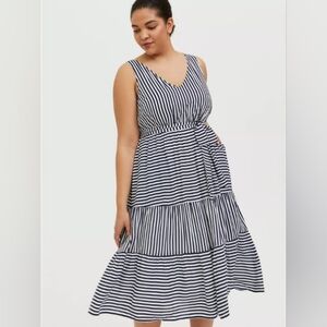 Torrid Navy & White Stripe Challis Self‑Tie Tiered Midi Dress – Size 2X